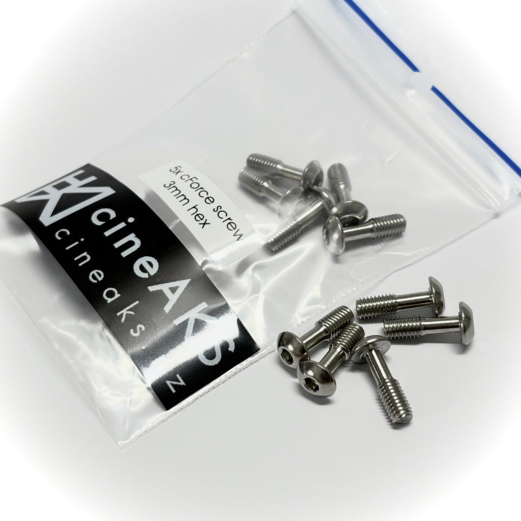 Five stainless steel ARRI cForce Mini replacement screws with 3mm hex socket and packaging, camera accessory hardware on white background