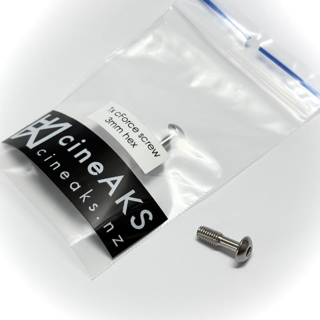 Single stainless steel ARRI cForce Mini replacement screw with 3mm hex key socket and packaging, camera rig spare screw on white background