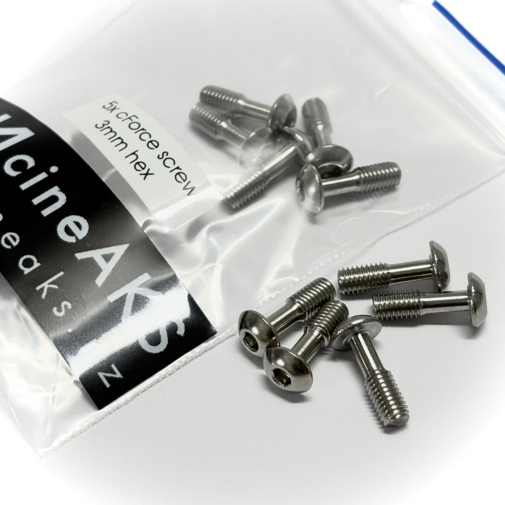 ARRI cForce Mini replacement screws with 3mm hex key head, stainless steel camera rig screws, 5 pack with retail packet on white background