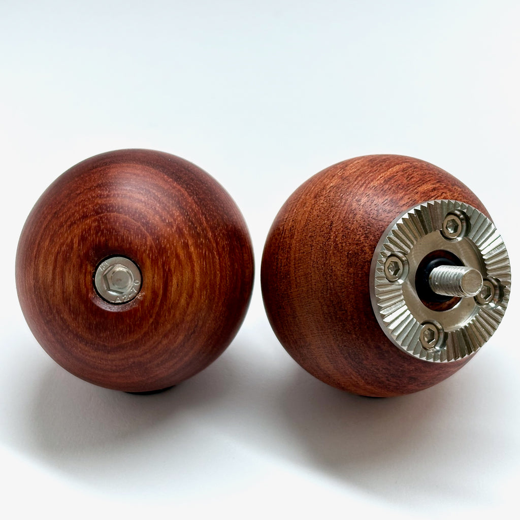 pair of wooden sphere camera handles with arri rosette