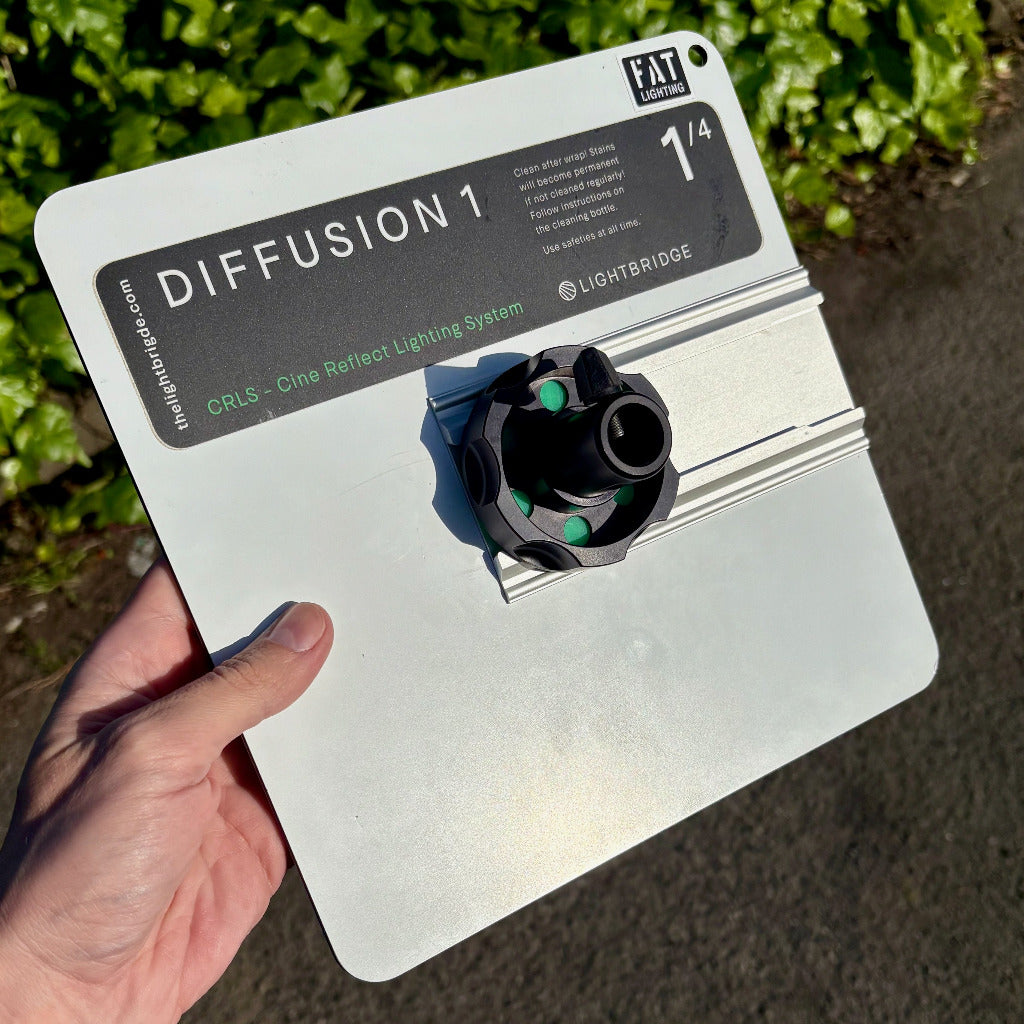 Lightbridge diffusion 1 light reflector held by a hand with greenery in the background