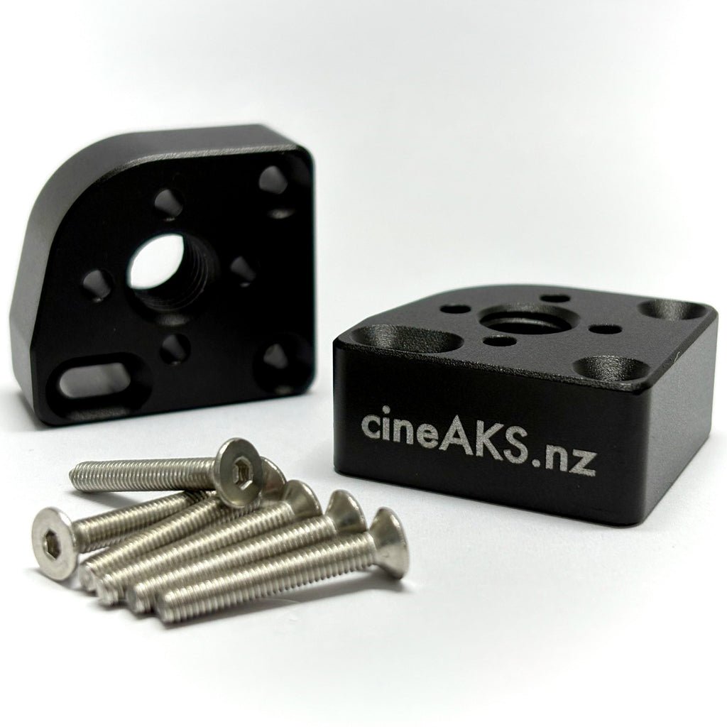 MotoCrane TitanLT ARRI accessory corner brackets machined from hard anodized 6061-T6 aluminium on a white background