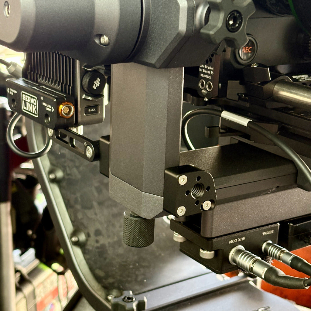 Close-up of a camera rig with a CNC machined ARRI locating corner brackets for MotoCrane TitanLT
