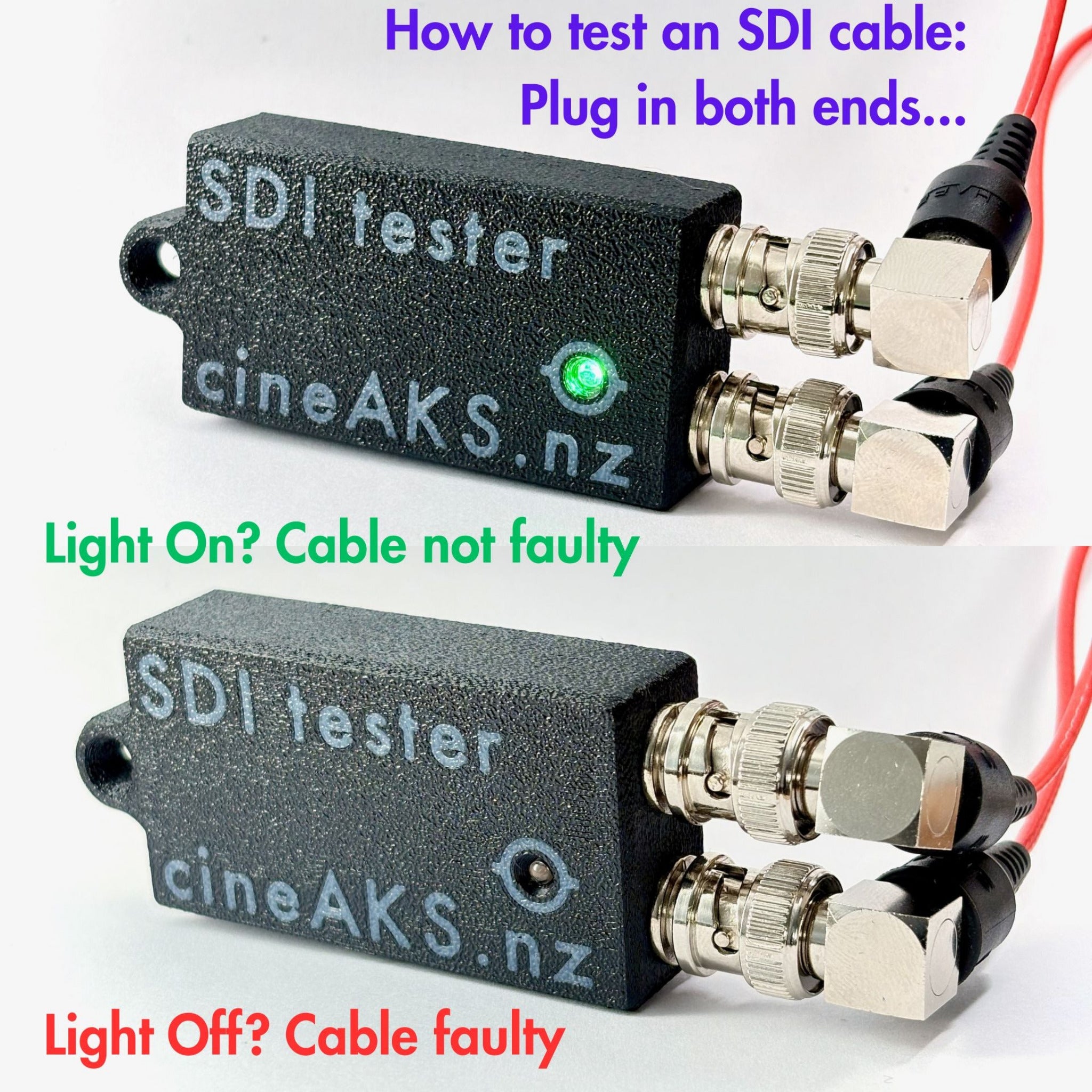 SDI tester with instructions on how to test a broken SDI cable on a white background