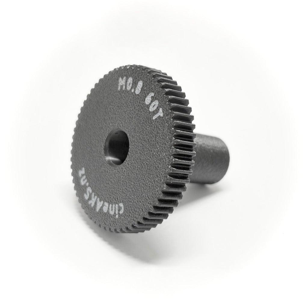cineAKS cForce extra offset M0.8 60T 34mm iris gear for ARRI cForce mini motor and Ronin 2 gimbal builds on a white background