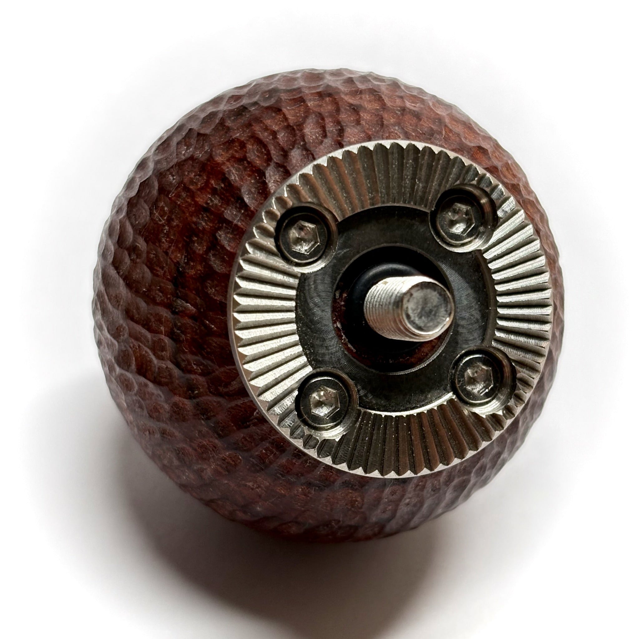Brown textured wood sphere camera grip with arri rosette on a white background