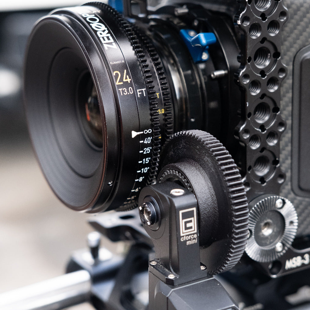 close up of arri alexa LF with a zero optik Leica R rehousing lens and cforce mini motor.