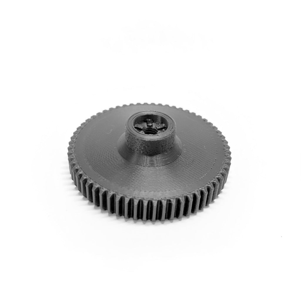 Back view of 8mm offset lens gears for ARRI cforce mini and CLM-5 motors, on a white background
