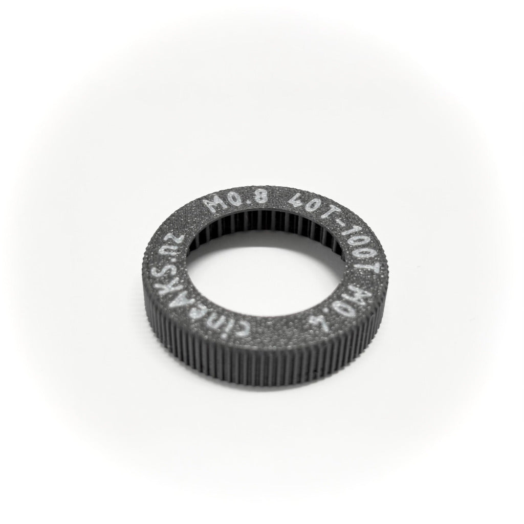 m0.8 40t to Panavision M0.4 100T flush push-on lens gear for ARRI cforce Mini, on a white background