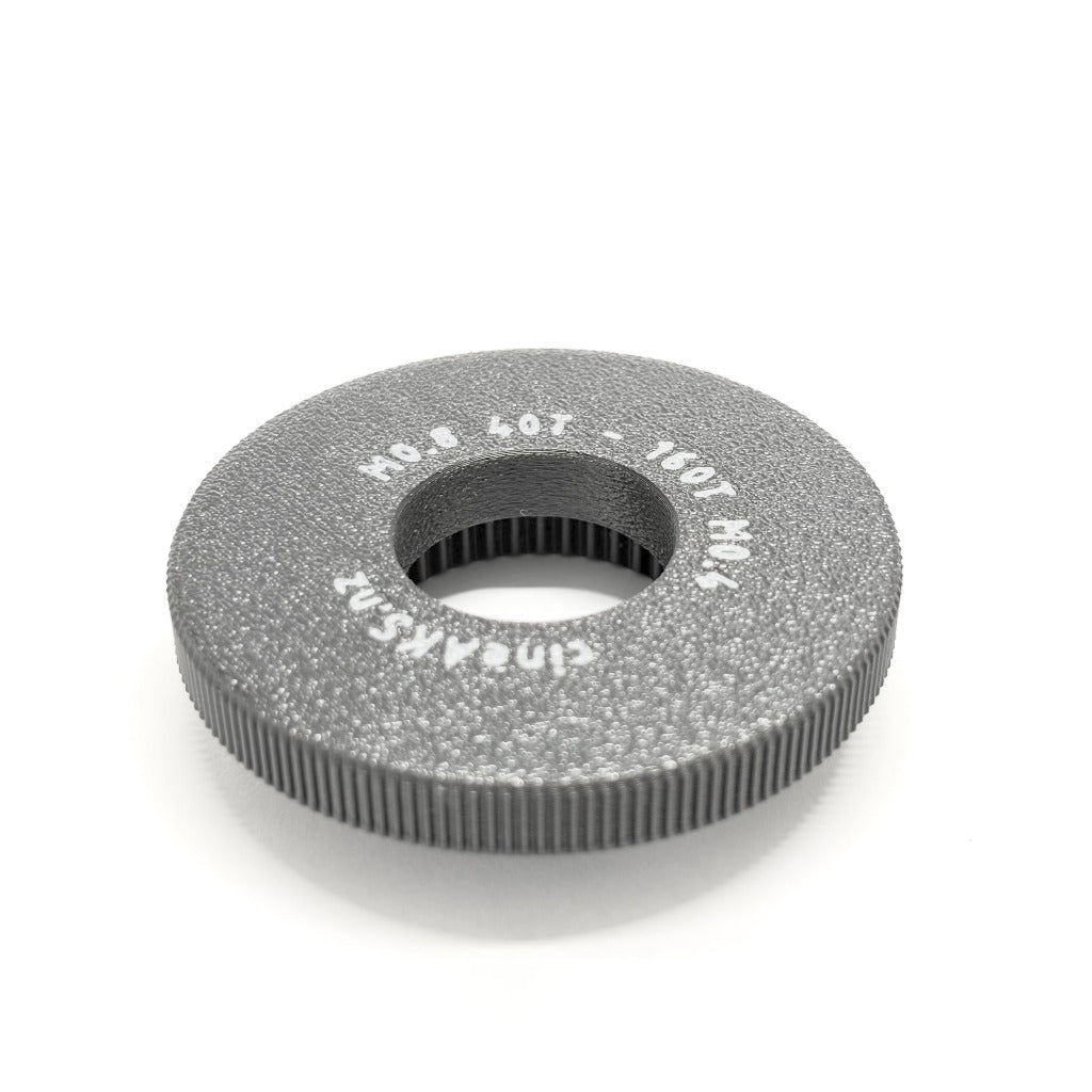 m0.8 40t to Panavision M0.4 160T offset push-on lens gear for ARRI cforce Mini, on a white background