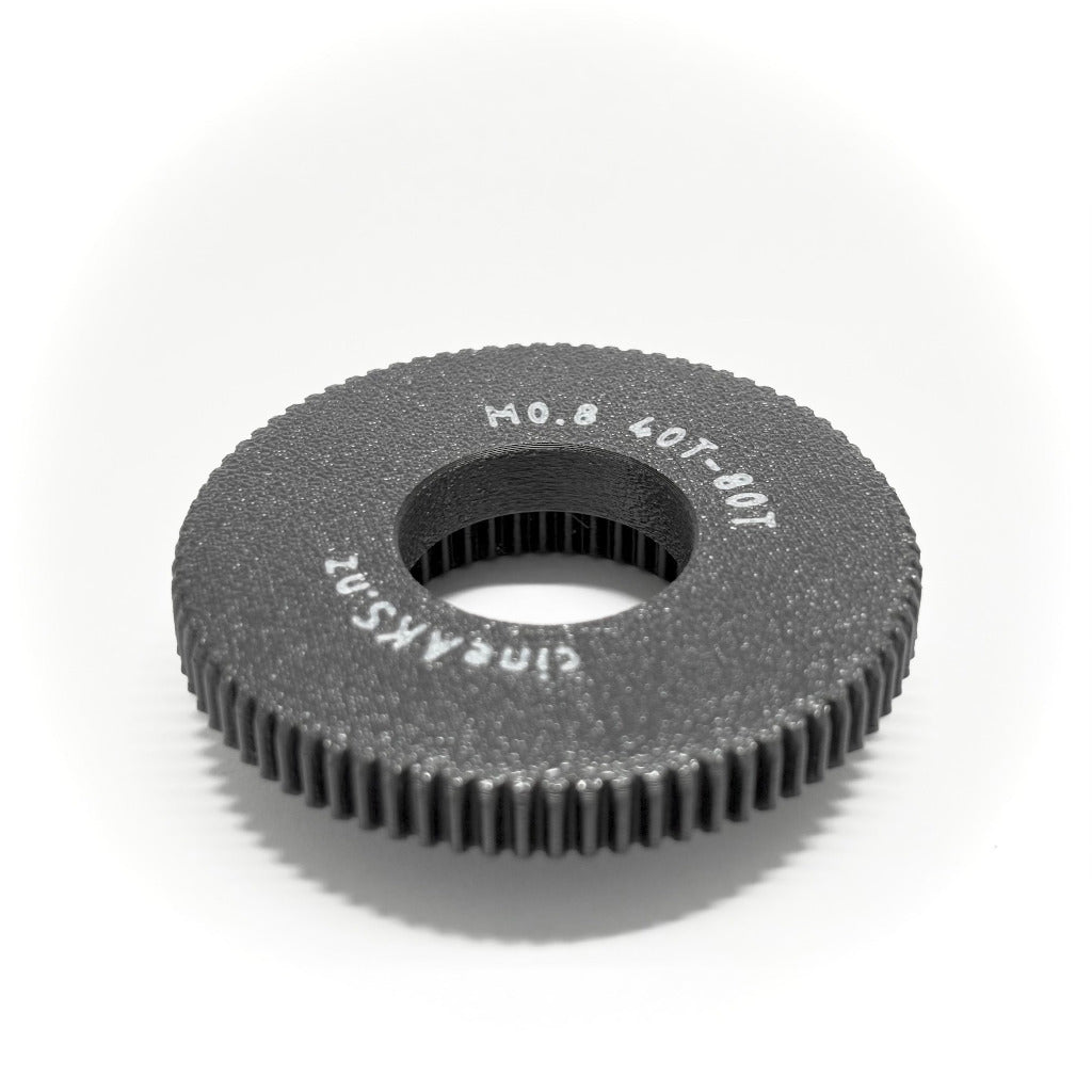 M0.8 40t to 80T 8mm offset push-on lens gear for ARRI cforce Mini, on a white background