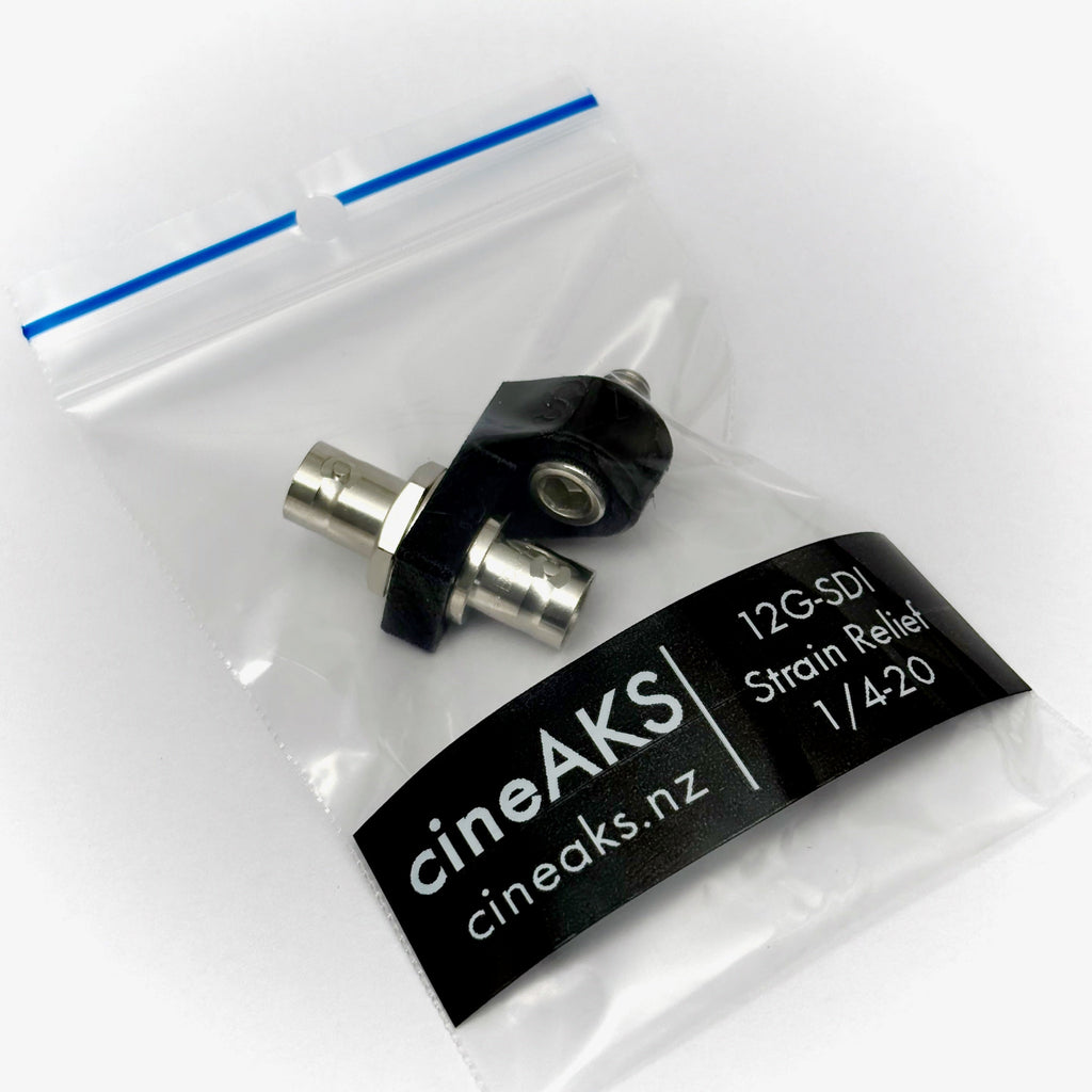 CineAKS 12G-SDI strain relief in a clear plastic bag with a label.