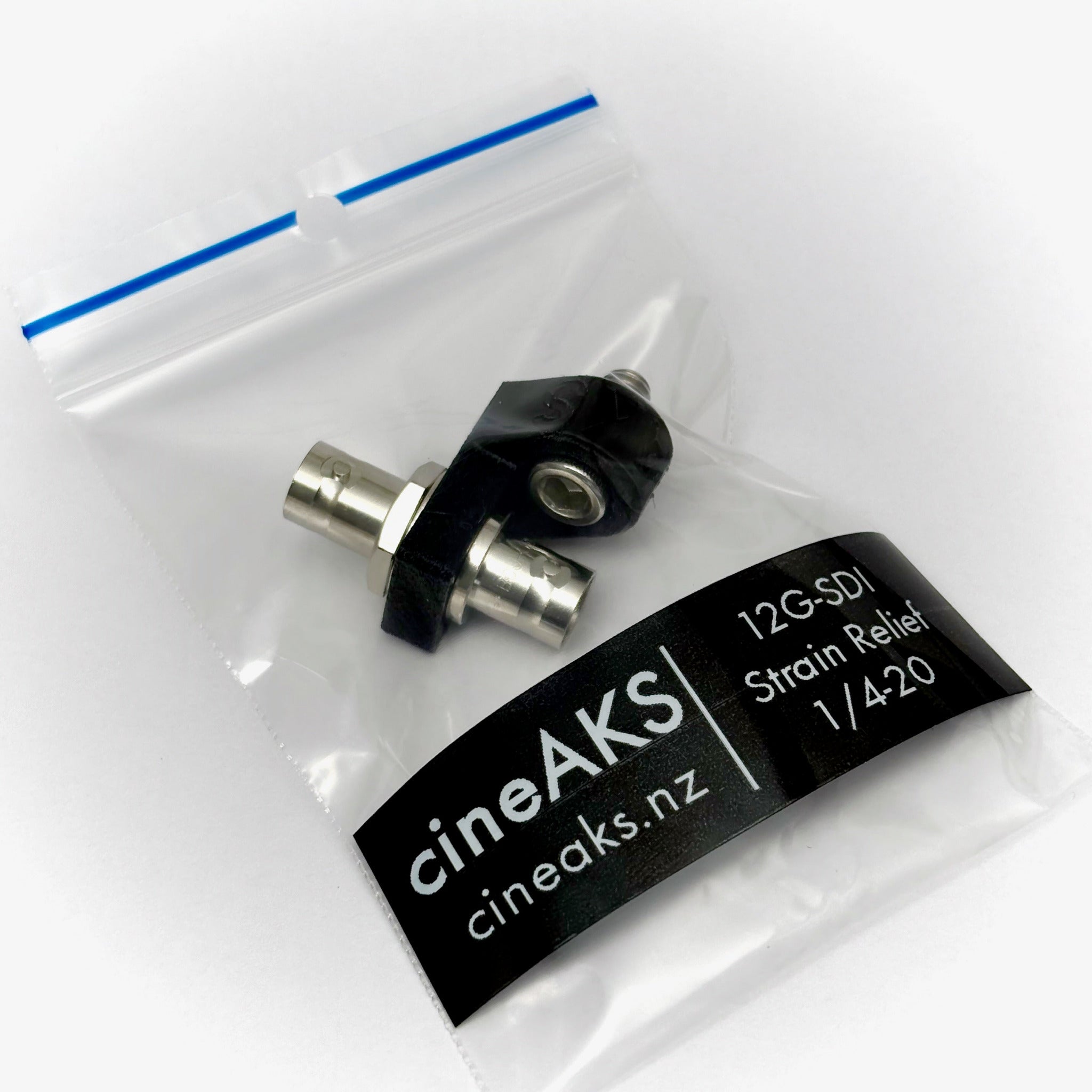 CineAKS 12G-SDI strain relief in a clear plastic bag with a label.
