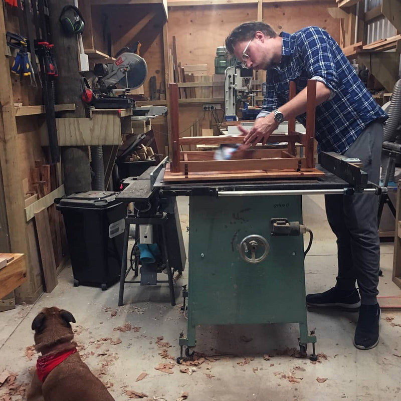 In the woodshop working on a coffee table